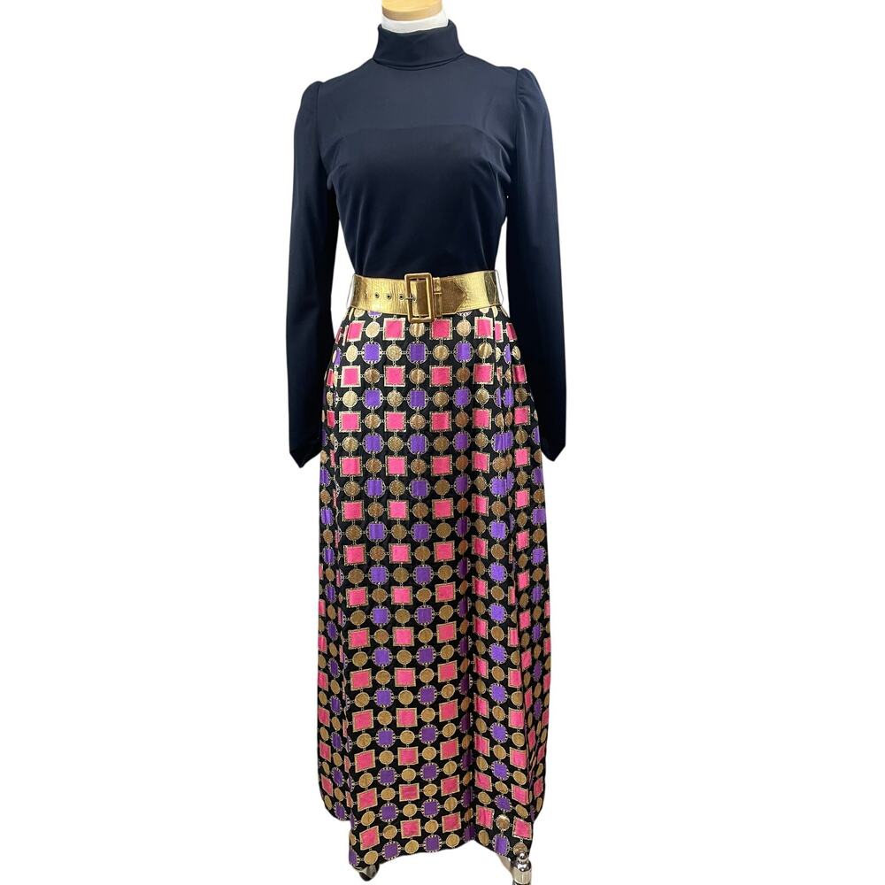 VTG 70s‎ Maxi Turtleneck Hostess Gown Womens (S/M) Metallic Dress Mod Geo Formal